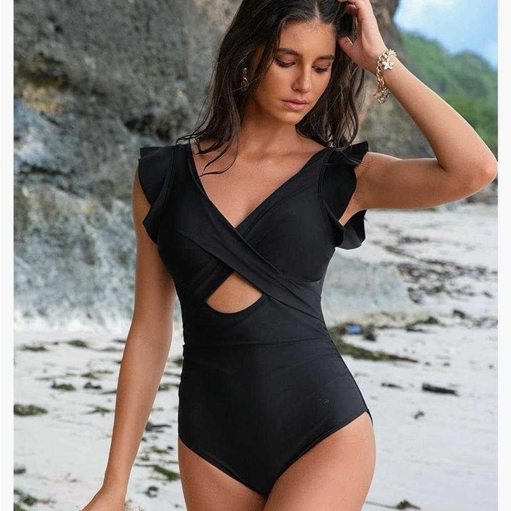 Black Ruffle Sleeve One-Piece Swimsuit with Twist Front